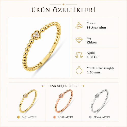 14 Ayar Altın Mini Kalp Taşlı Dorika Yüzük Özellikler