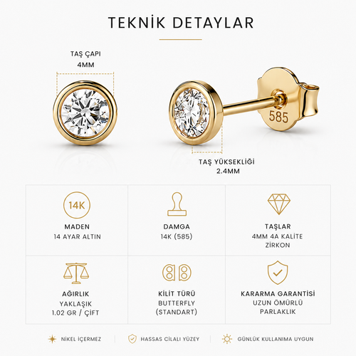 14 Ayar Altın Minimal Zarif Günlük Tektas Küpe Ürün Bilgileri