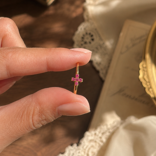 14 Ayar Altın Mor Pembe Mini Çiçek Yüzük Detay 2