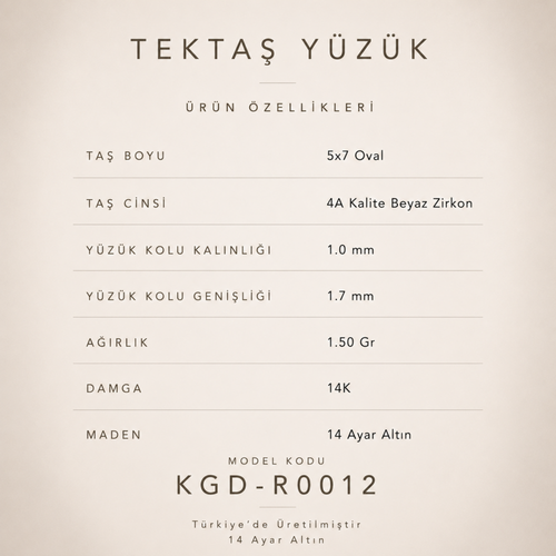 14 Ayar Altın Oval Kesim Klasik Tektaş Yüzük Ürün Bilgileri