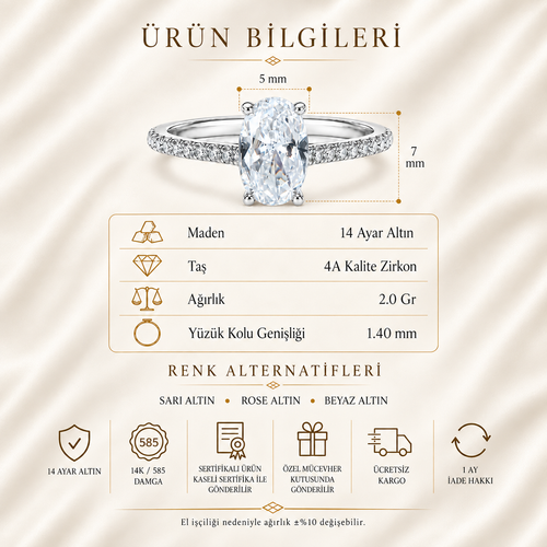 14 Ayar Altın Oval Kesim Taşlı Tektaş Yüzük