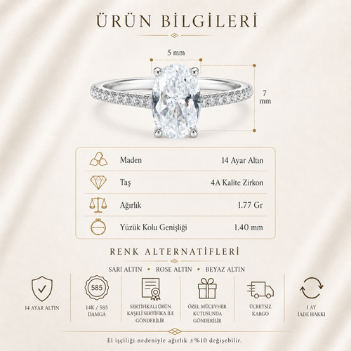 14 Ayar Altın Oval Kesim Taşlı Tektaş Yüzük Ürün Bilgisi