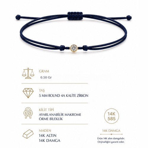 14 Ayar Altin Premium Tektas Makrome Ayarlanabilir Lacivert Renk ipli Bileklik Özellikler 