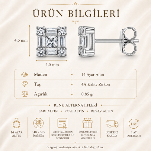 14 Ayar Altın Prenses Kesim Baget Çivi Küpe 8