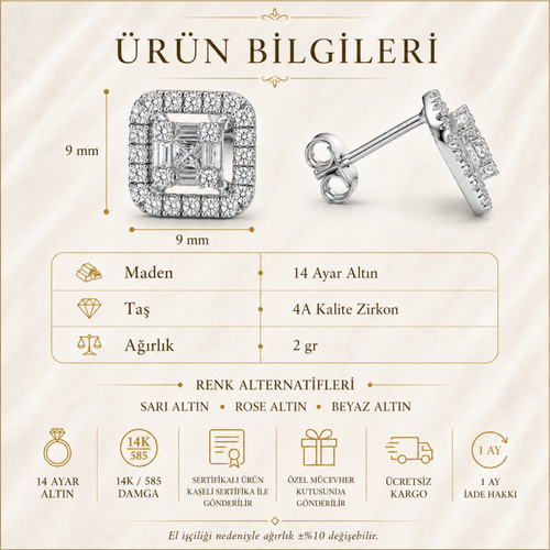 14 Ayar Altın Prenses Kesim Baget Halo Çivi Küpe Ürün Bilgisi