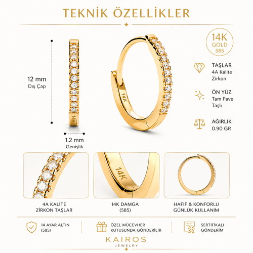 14 Ayar Altın Taşlı 12 mm Halka Zarif Günlük Kadın Küpe Ürün Bilgileri