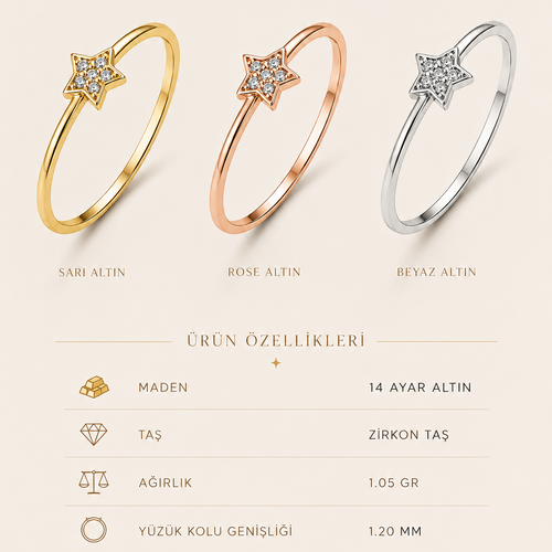 14 Ayar Altın Taşlı Minimal Yıldız Yüzük Özellikler