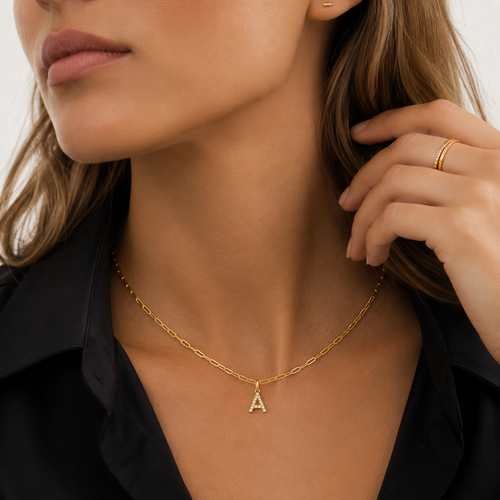 14 Ayar Altın Taşlı Modern Minimal A Harf Charm Kolye Ucu 3