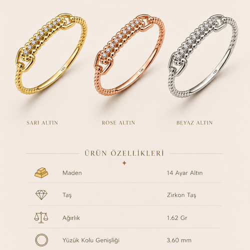14 Ayar Altın Taşlı Zincir Detaylı Yüzük modelinin sarı altın, rose altın ve beyaz altın renk seçenekleri ile ürün özelliklerini gösteren bilgi görseli.