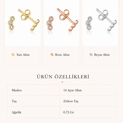 14 Ayar Altın Üç Taşlı Minimal Çivi Küpe Özellikleri 