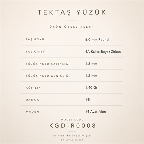 14 Ayar Altın Yuvarlak Kesim Klasik Tektaş Yüzük Ürün Bilgileri