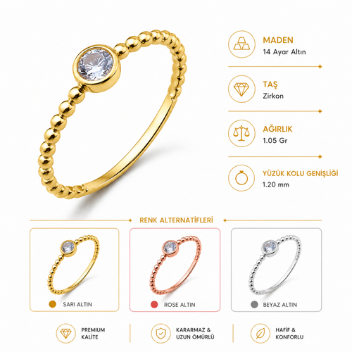14 Ayar Altın Zirkon Taşlı Minimal Tektaş Yüzük Ürün Bilgileri