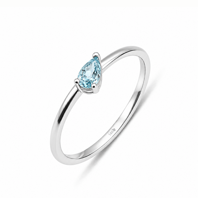 14 Ayar Beyaz Altın Damla Kesim Doğal Blue Topaz Yüzük