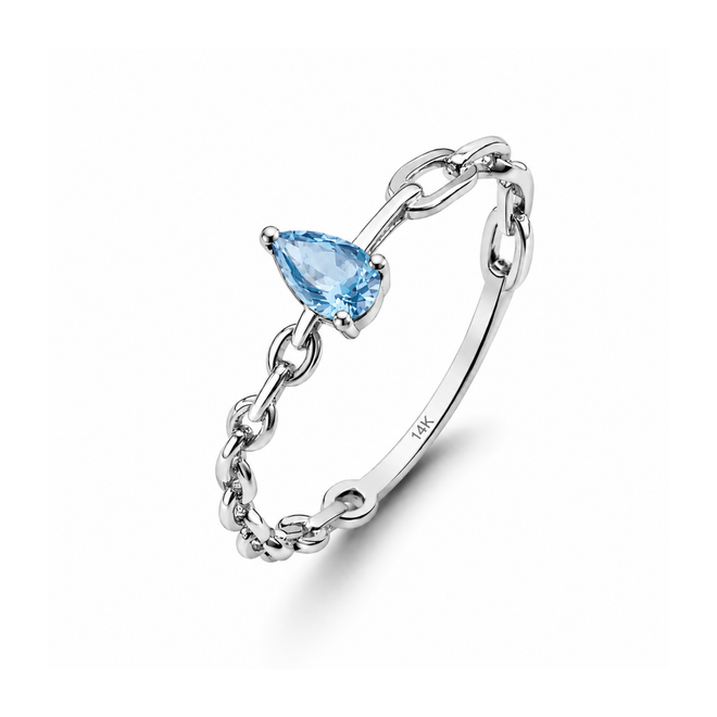 14 Ayar Beyaz Altın Doğal Mavi Topaz Minimal Zincir Yüzük