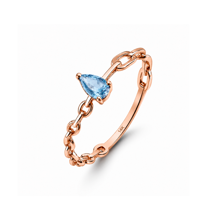 14 Ayar Rose Altın Doğal Mavi Topaz Minimal Zincir Yüzük