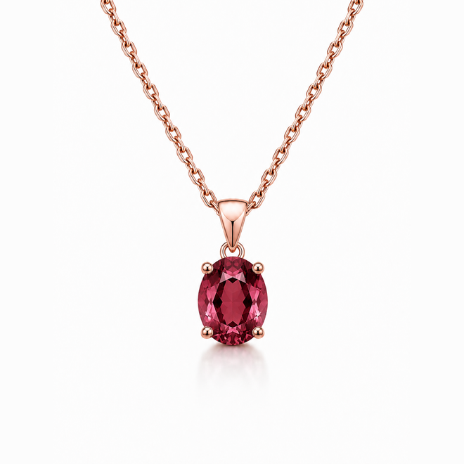 14 Ayar Rose Altın Doğal Pembe Turmalin Tektaş Zincir Kolye