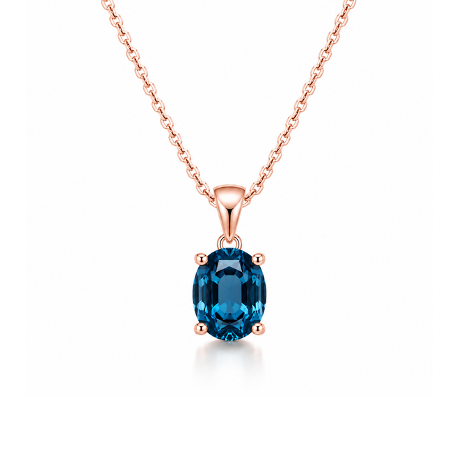 14 Ayar Rose Altın London Blue Topaz Oval Kesim Kolye