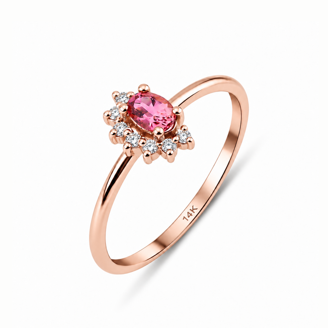 14 Ayar Rose Altın Pembe Oval Turmalin Pırlanta Retro Yüzük