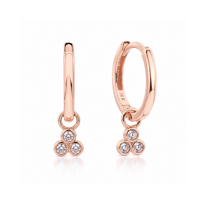 14 Ayar Rose Altın Üç Taşlı Charm Küpe