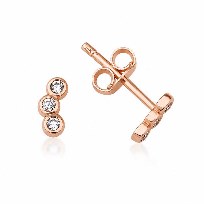 14 Ayar Rose Altın Üç Taşlı Minimal Çivi Küpe