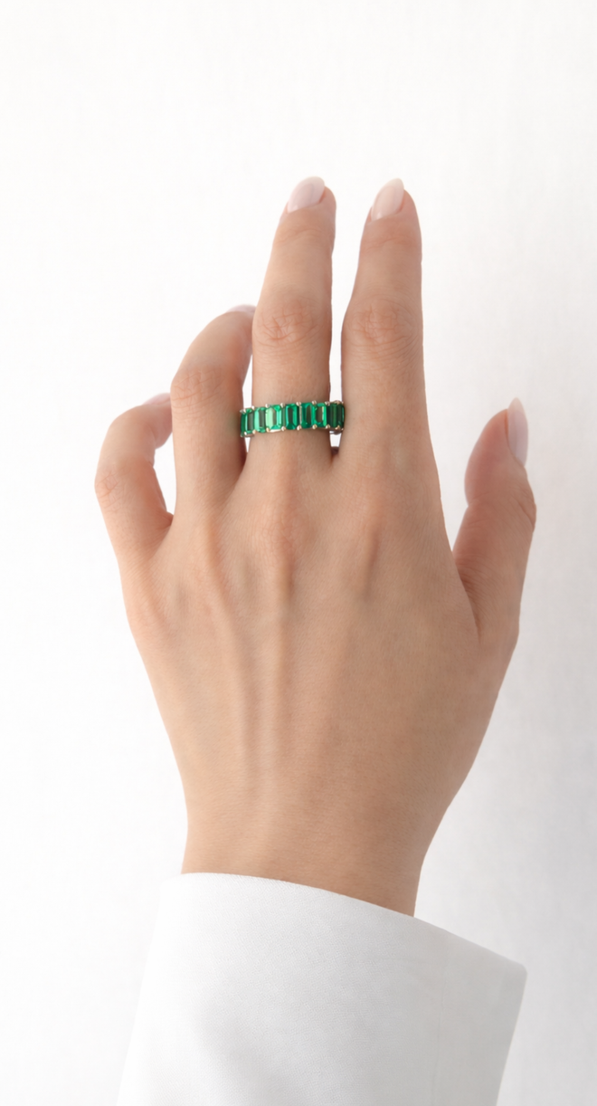 14 Ayar Altın Laboratuvar Üretimi Zümrüt Baget Sıra Taş Yüzük