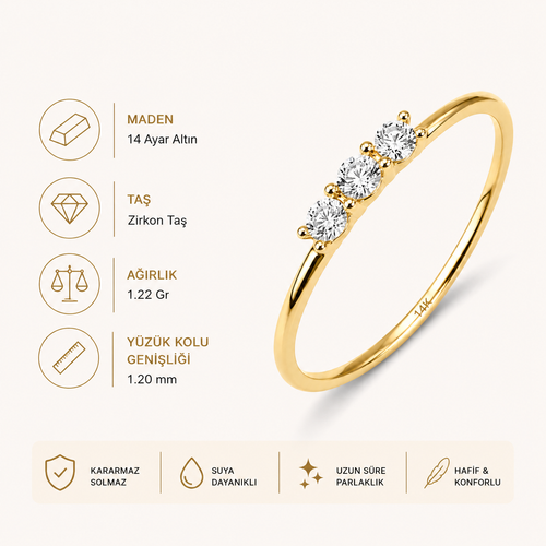 14 ayar altın üç taşlı minimal kadın yüzük özellikleri