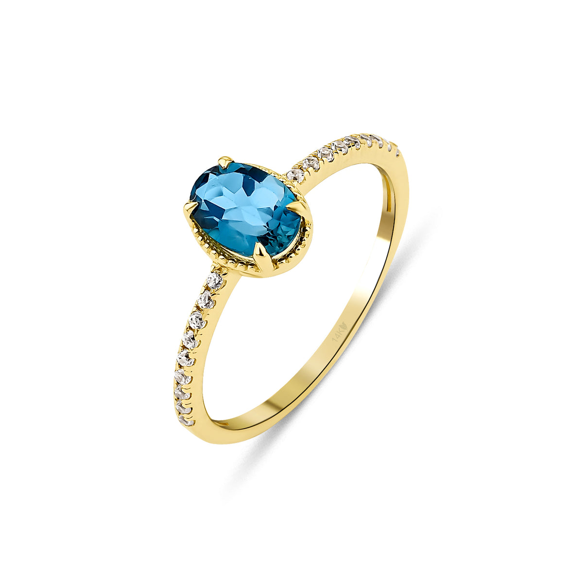 0.126 Karat Pırlanta Yan Taşlı Doğal London Blue Topaz Yüzük
