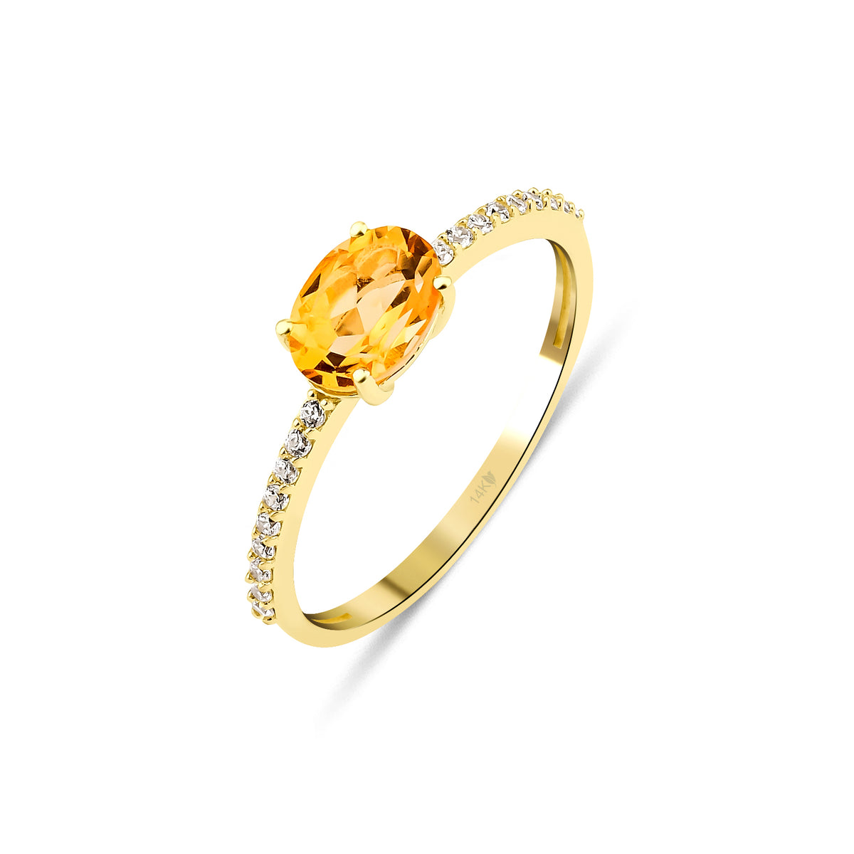 0.13 Karat Pırlanta Yan Taşlı Doğal Oval Sitrin Yüzük