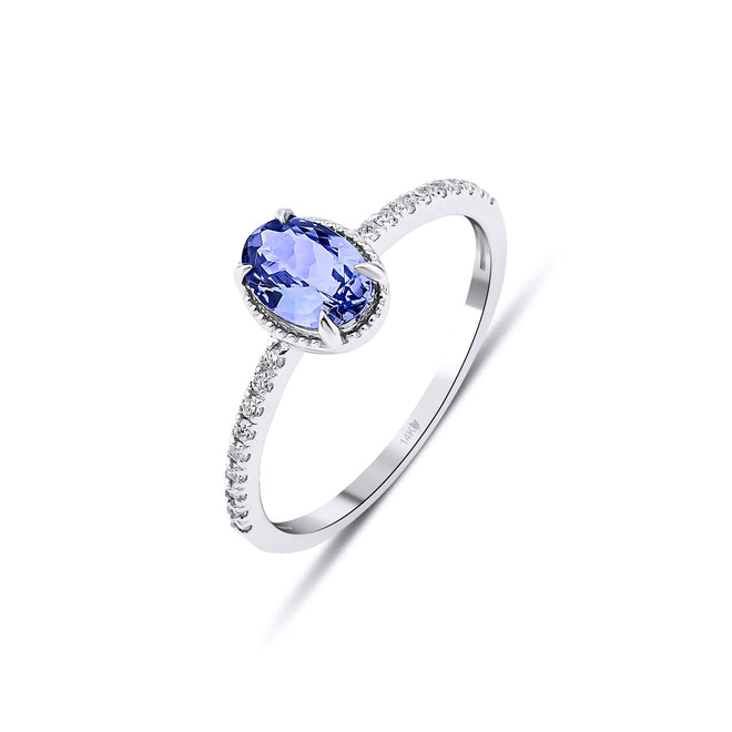 14 Ayar Altın Tanzanite Bead Motif Diamond Single Row Yüzük  beyaz