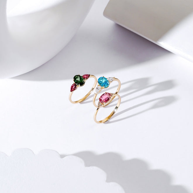 oval pembe turmalin ve pırlantalı kadın yüzük stüdyo