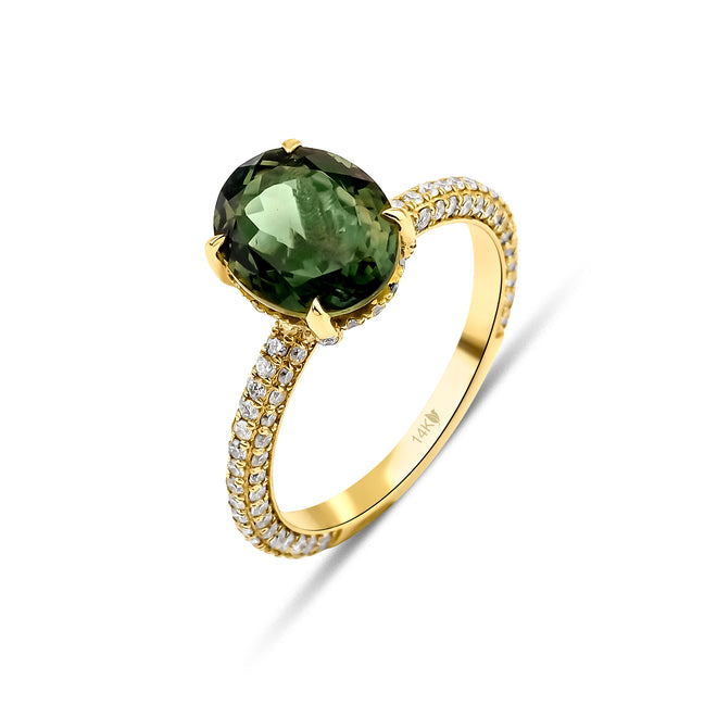 14 Ayar Altın Diamond & Natural Green Tourmaline Yüzük