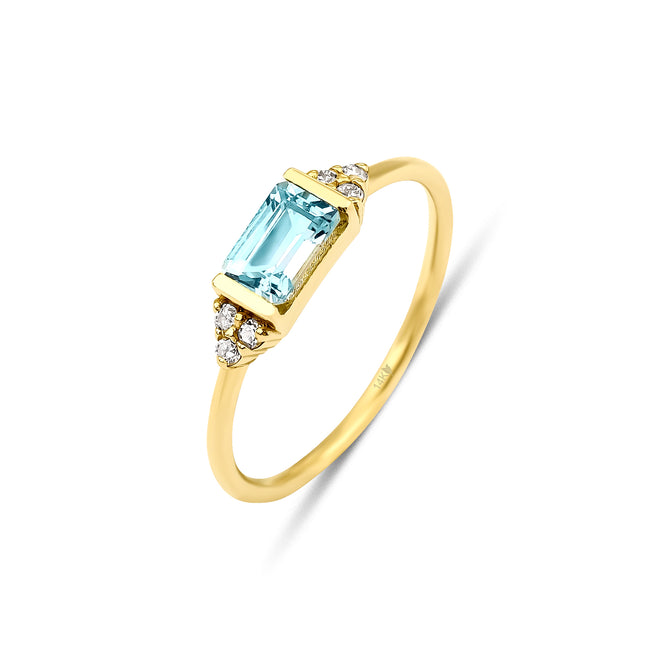 14 Ayar Altın Emerald Cut Blue Topaz & Diamond Promise Yüzük