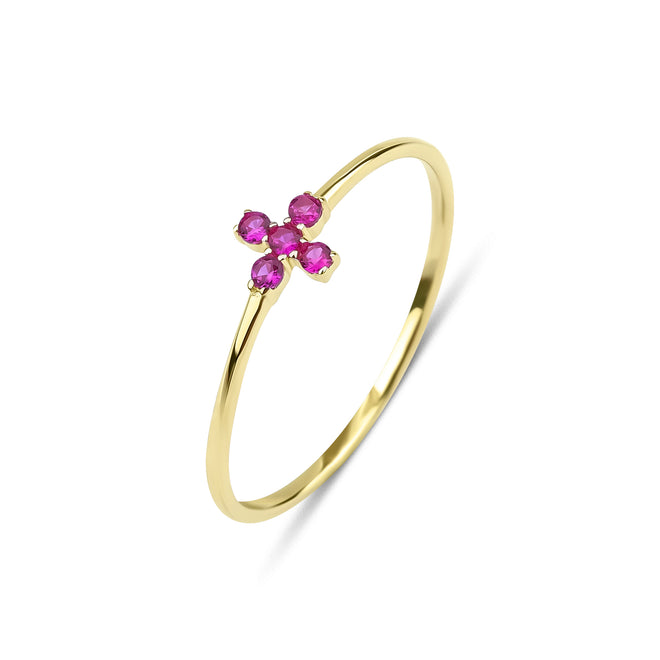 14 Ayar Altın Minimalist Magenta Pink Flower Yüzük