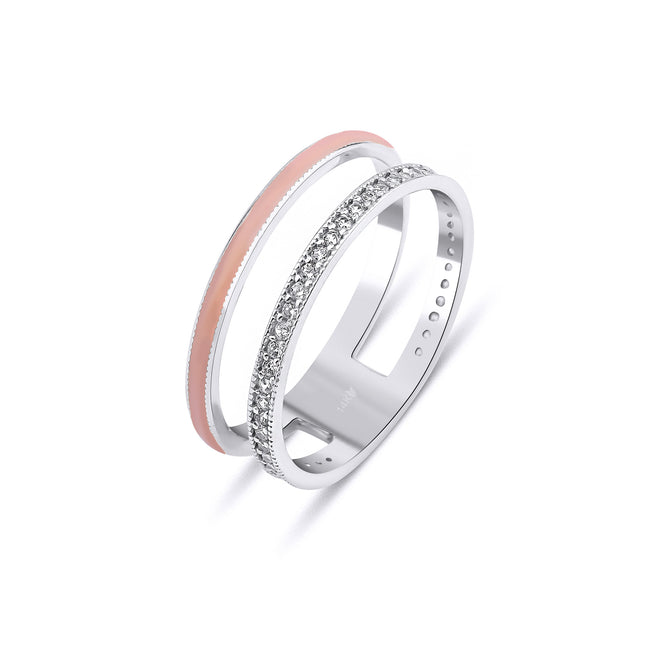 pembe mineli çift sıra görünümlü beyaz altın kadın yüzük 