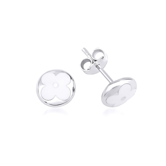 çiçek figürlü beyaz mineli çivi küpe beyaz altın