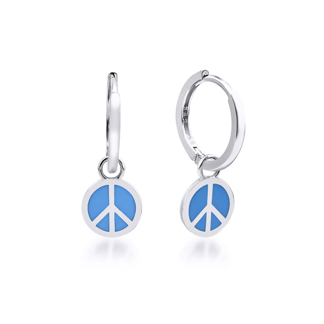 beyaz altın mavi mineli barış işaretli halka küpe