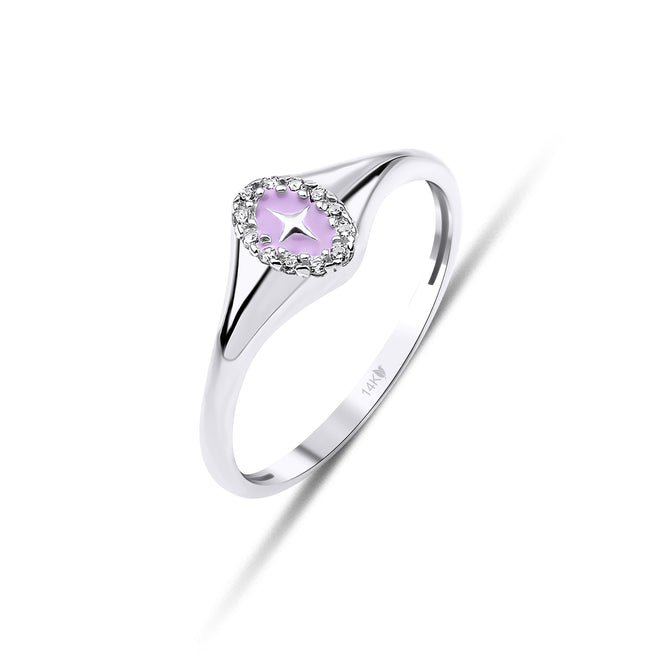 14 ayar altın pembe mineli yıldızlı mühür yüzük beyaz 