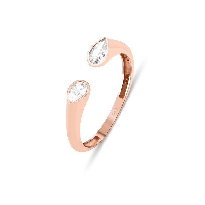 14 Ayar Altın Sparkle Twin Pear Stone Open Bezel Yüzük rose versiyon