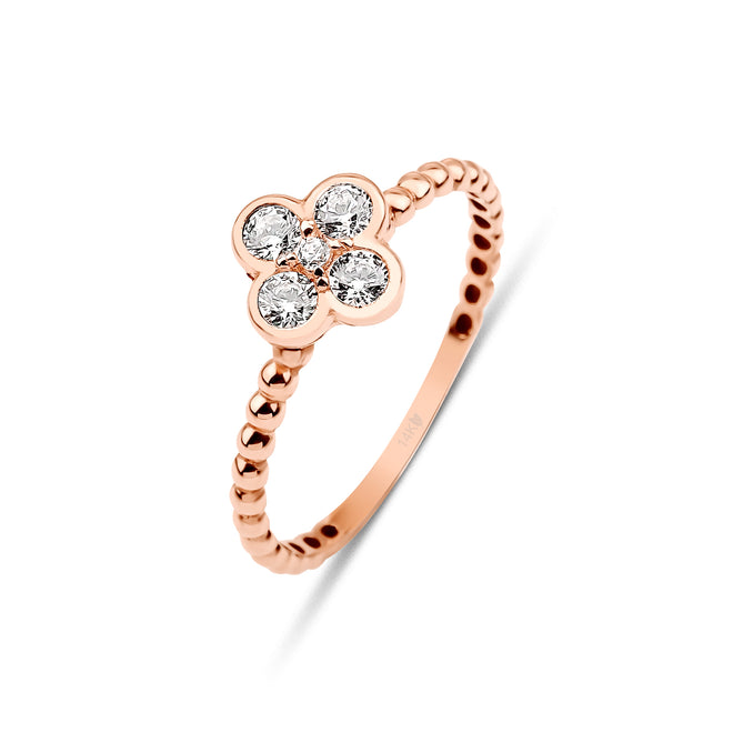 14 ayar altın sparkle 4-leaf clover solid beaded yüzük rose