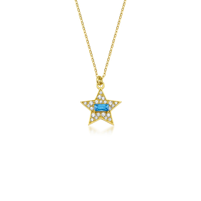 14 Ayar Altın Sky Blue Baguette Stunning Star Charm Kolye