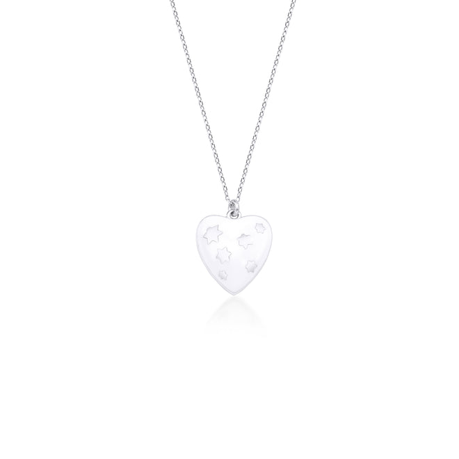 14 aya altın üzerinde yıldızlar bulunan beyaz mineli kalp şeklinde kolye beyaz