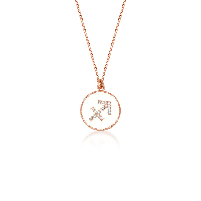 14 ayar altın beyaz mineli  yay burcu sembollü madalyon kolye rose