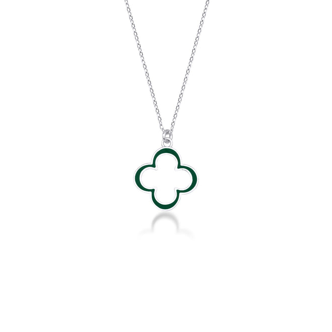 beyaz altın yeşil mineli yonca kolye