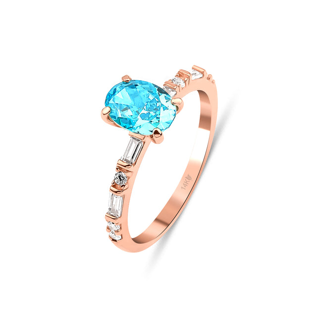 14 Ayar Altın Sparkle Baguette Band Oval Sky Blue Solitaire Yüzük rose