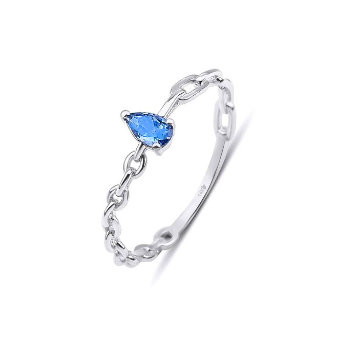 14 ayar beyaz altın damla şeklinde mavi topaz zincir yüzük