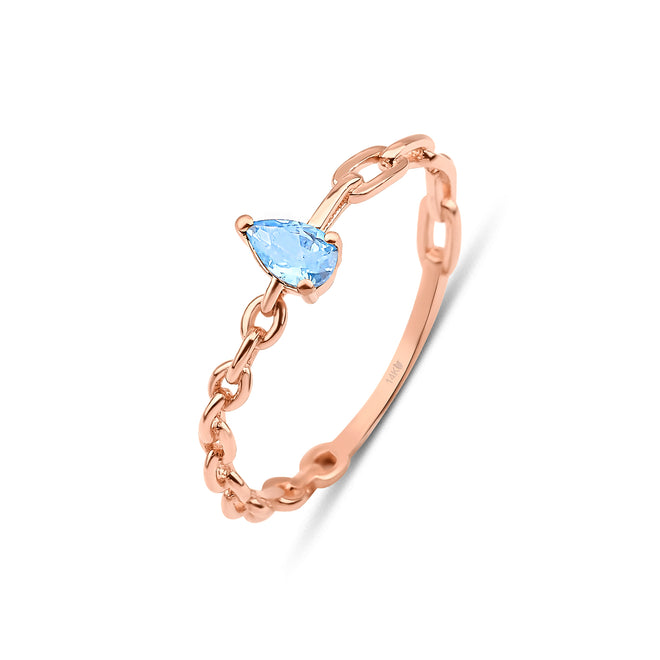 14 ayar rose altın damla şeklinde mavi topaz zincir yüzük