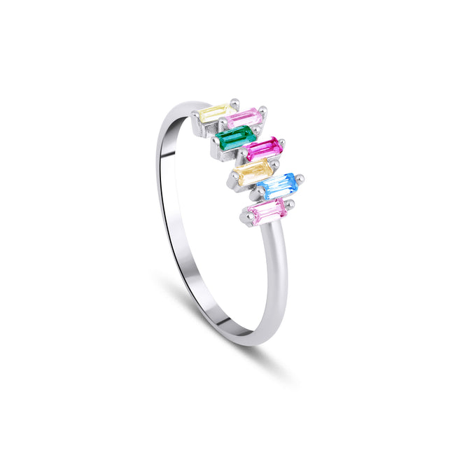 14 ayar altın gökkuşağı renklerinde baget yüzük beyaz