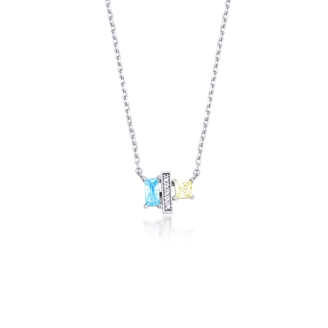 14 ayar beyaz altın mavi sarı zirkon taşlı baget kolye