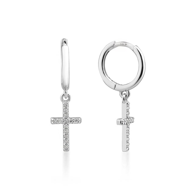 14 ayar beyaz altın haçlı pırlantalı halka küpe