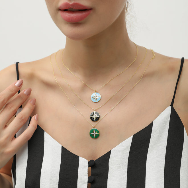 14 Ayar Altın Baby Blue Enamel Starbust Charm Kolye